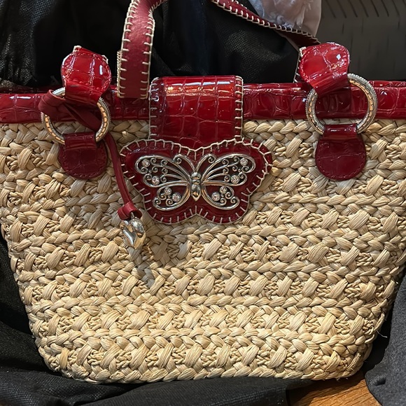 Brighton Bags Brighton Patent Red Leather And Beige Straw